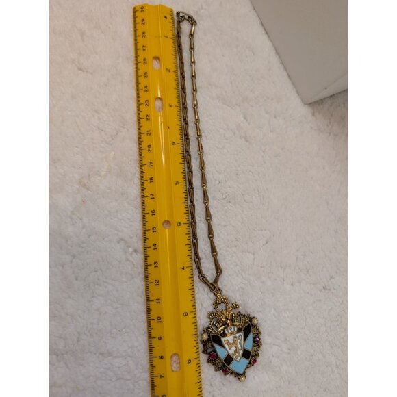 Vintage Brass Necklace Heraldic Shield Pendant W/ Lion Enamel & Rhinestones 15" - Picture 7 of 9